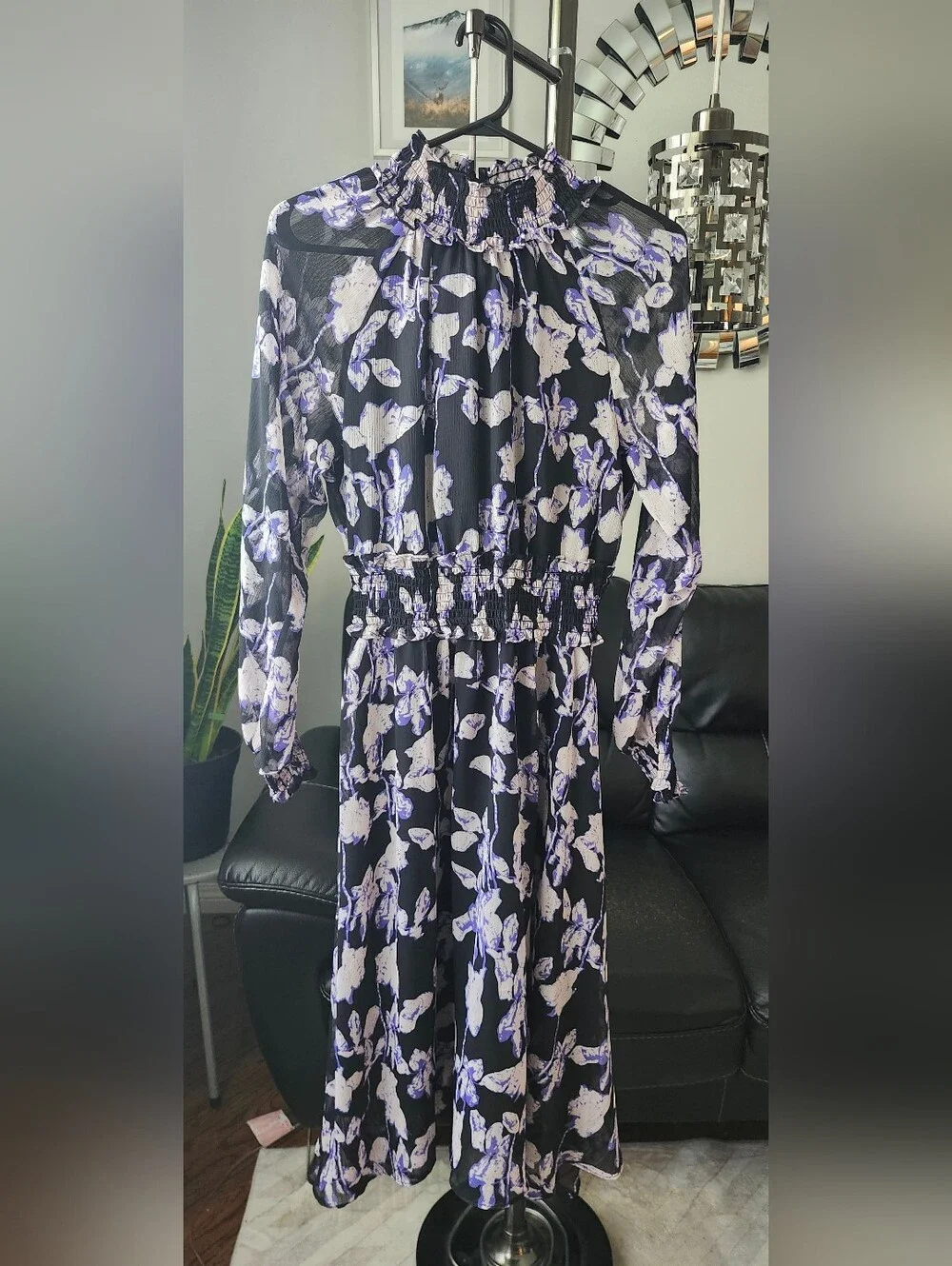Long Sleeve Black Floral Midi Dress with Smocked Waist - Picture 3 of 10